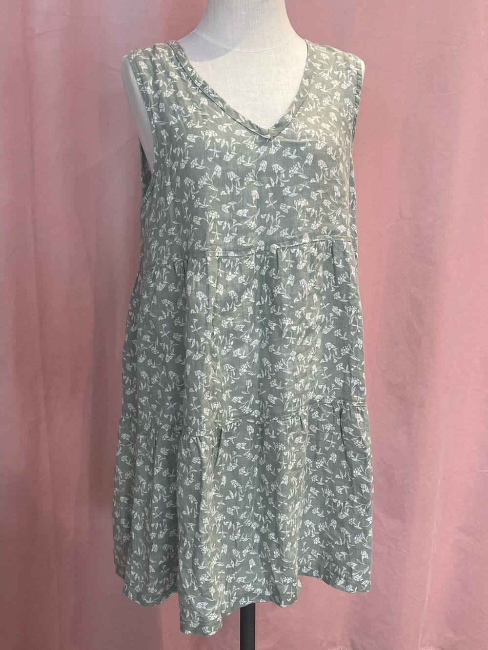 Joie 100% Linen Tiered Sundress Sage Green Floral V-Neck Sleeveless Size S